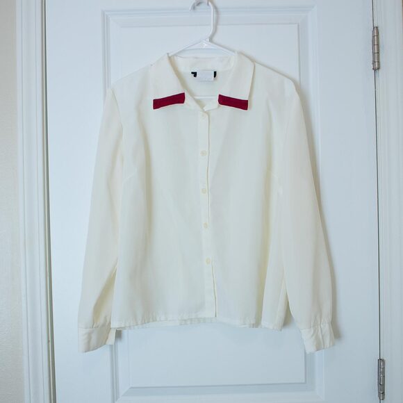 VTG Colorblock Career ZOÉ White Burgundy Collar Blouse Button Mod Minimal 14P - Picture 5 of 9